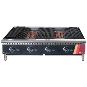 48 Inch Countertop Lava Rock Charbroiler With Grates And Grill Marks, Ideal For Commercial Cooking.