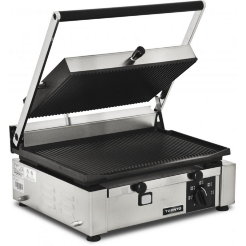 Trento 11377 Single Panini Grill With Ribbed Surface Open Showing 10" x 14" Grilling Area