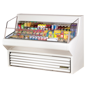 True THAC-60-HC-LD 60-Inch Horizontal Open Air Merchandiser Displaying Various Beverages And Snacks