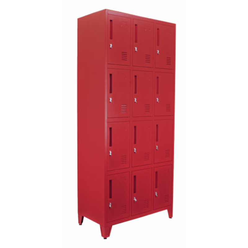 Alt Tag: Omcan 48883 Commercial 18-Door Steel Staff Locker with Secure Compartments red steel locker cabinet with 18 lockable doors