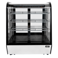 Alt Tag: OMCAN 47448 28-Inch Curved Glass Countertop Refrigerated Display case with curved glass front and 3 wire shelves