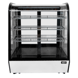 Alt Tag: OMCAN 47448 28-Inch Curved Glass Countertop Refrigerated Display case with curved glass front and 3 wire shelves