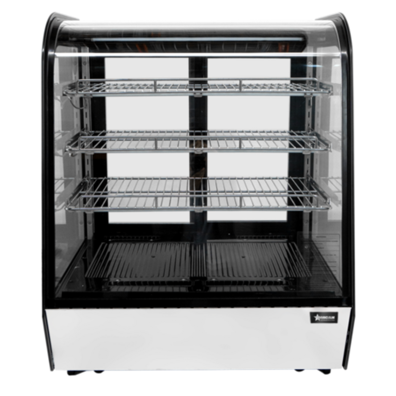 Alt Tag: OMCAN 47448 28-Inch Curved Glass Countertop Refrigerated Display case with curved glass front and 3 wire shelves