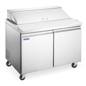 OMCAN 59034 Aurora 36" Wide Stainless Steel Sandwich Prep Table refrigerated sandwich/salad prep station with dual doors and casters