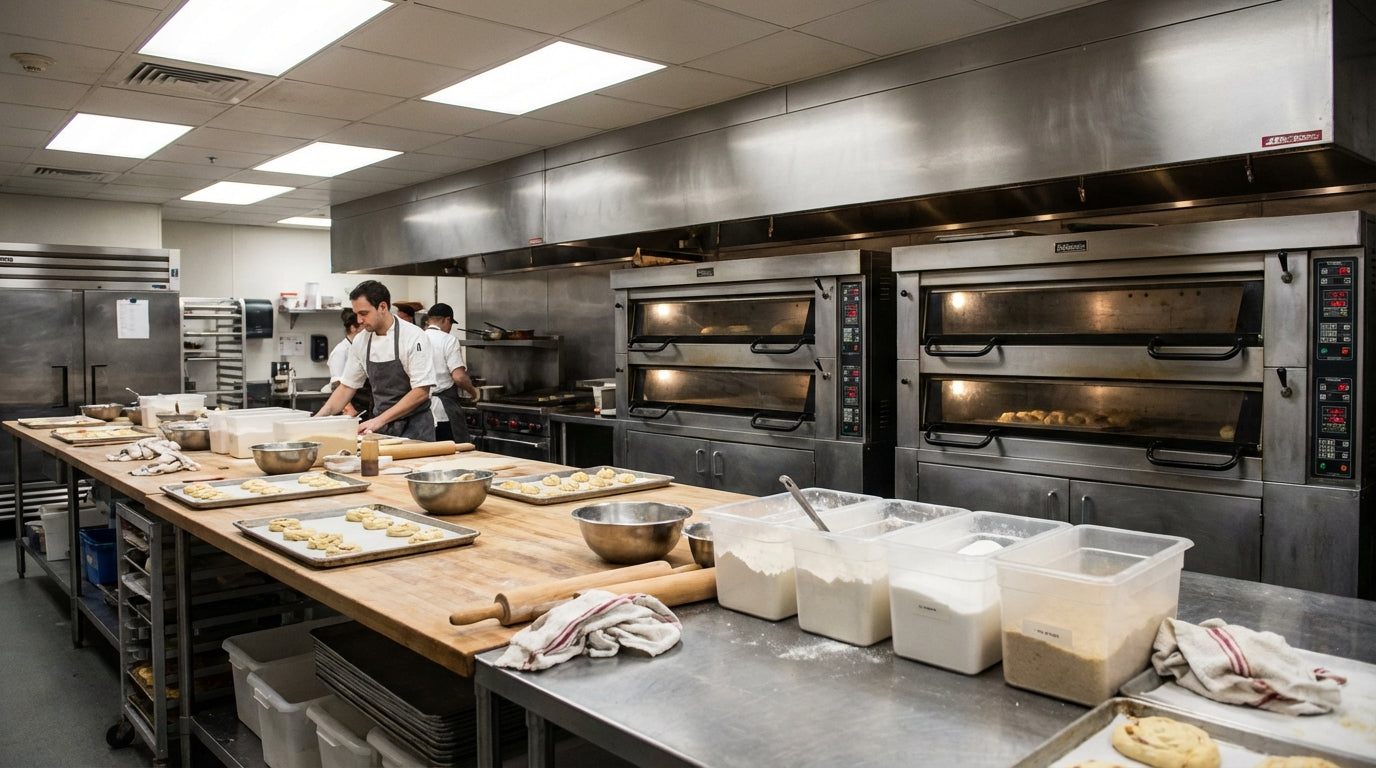 Commercial bakery kitchen with chefs preparing dough and baked goods on stainless tables beside industrial ovens