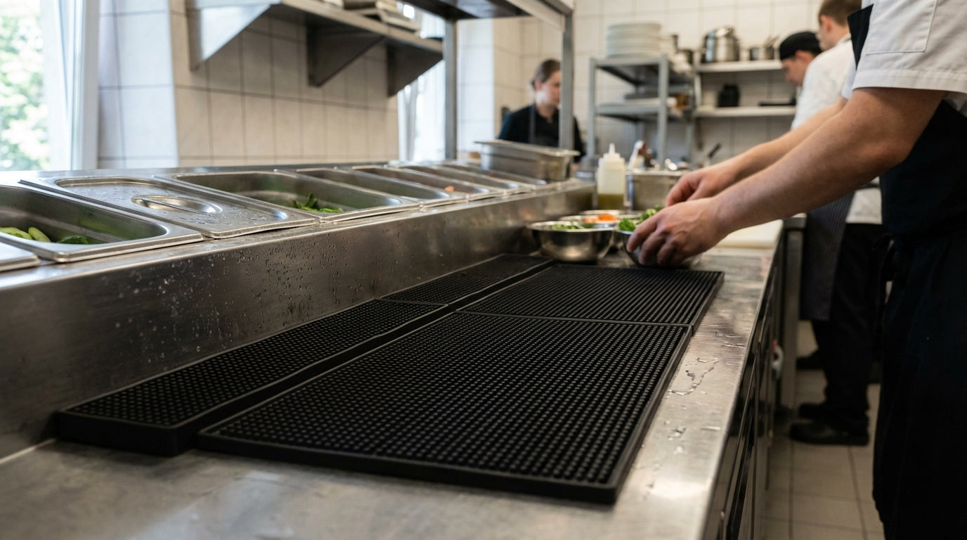Chef plating food at stainless steel prep station in a professional restaurant kitchen