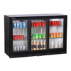 Refrigerated Back Bar Bottle Cooler With Bottled And Canned Beverages In Displayed Shelves