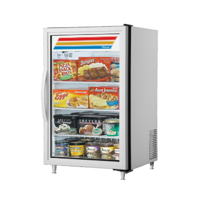 Countertop Glass Door Freezer Displaying Frozen Foods And Ice Cream In A Professional Setting.