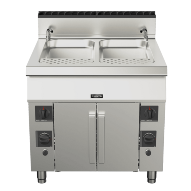 Étiquette alternative : TRENTO 49100 Modèle de plancher au gaz naturel de 23,78 gallons Cuiseur à pâtes à pâtes en acier inoxydable à double bassin