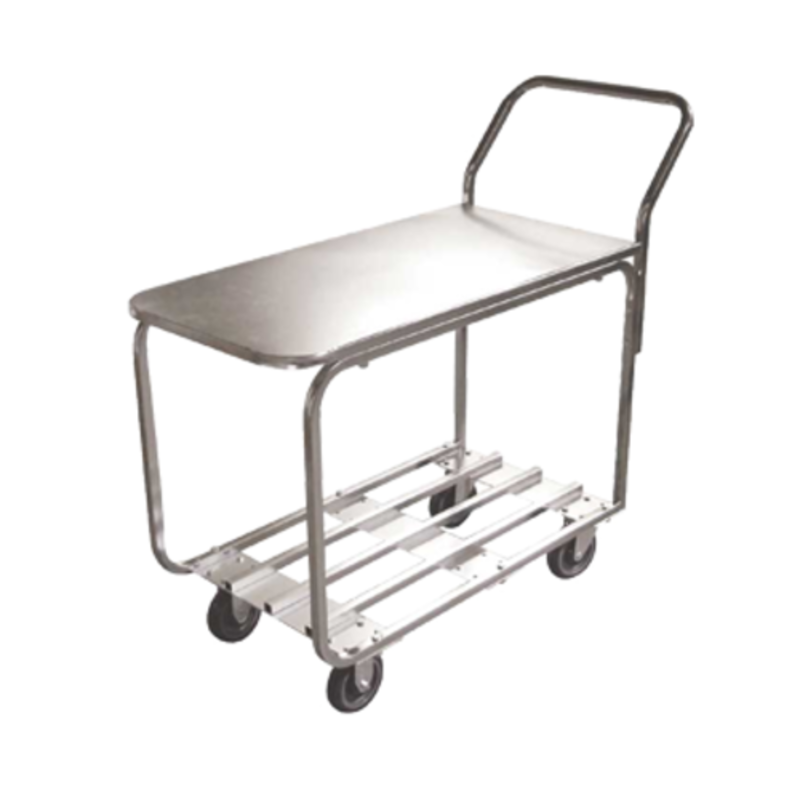 Alt Tag: OMCAN 31277 500 lbs Capacity Stainless Steel Utility Bussing Cart with handle, top shelf, and lower rack on caster wheels