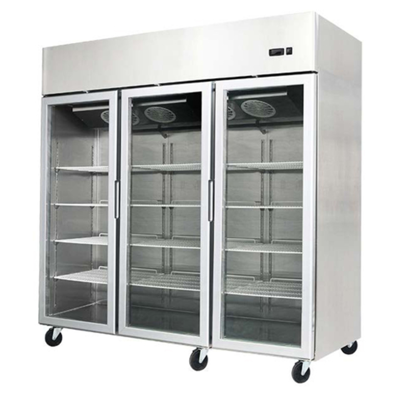 Three-Door Glass Refrigerator Merchandiser With Stainless Steel Finish And Adjustable Shelving For High-Volume Display
