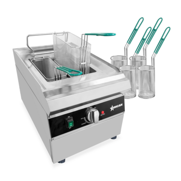 Alt Tag: Omcan 47503 2.4 Gallon Electric Single Tank Pasta Cooker with stainless steel tank and pasta baskets for commercial kitchen