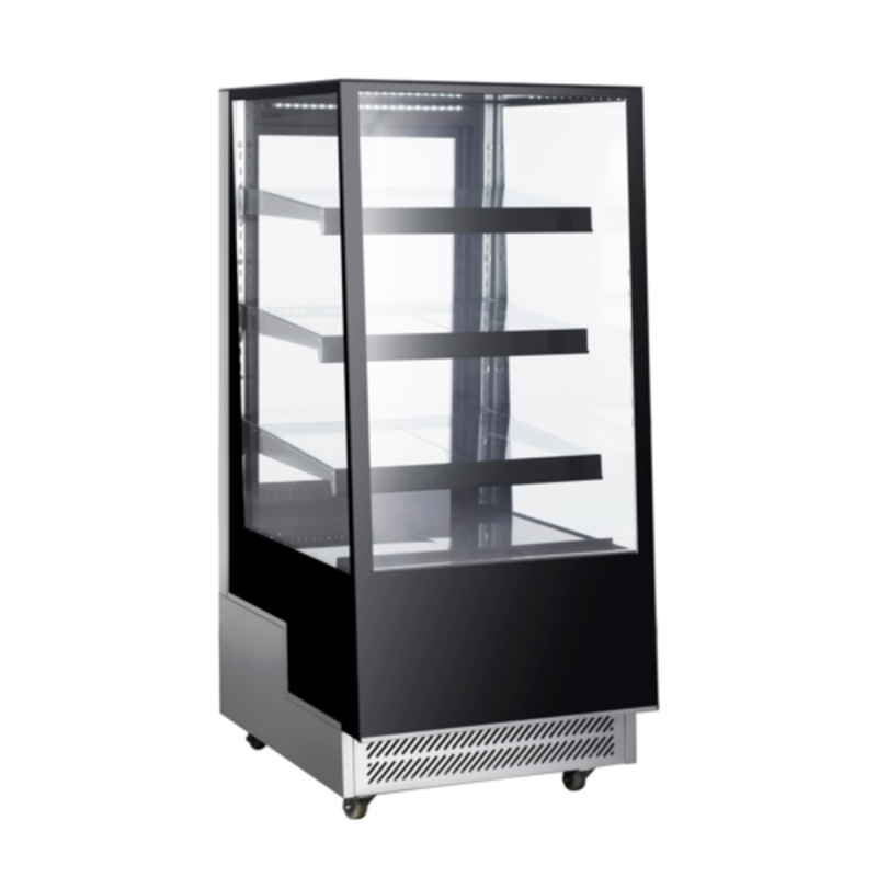 Refrigerated Floor Display Case With Glass Doors And Shelves For Merchandising Chilled Grab-And-Go Items