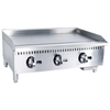 Black Diamond 36" Countertop Gas Griddle With Stainless Steel Finish And Three Control Knobs For Cooking.