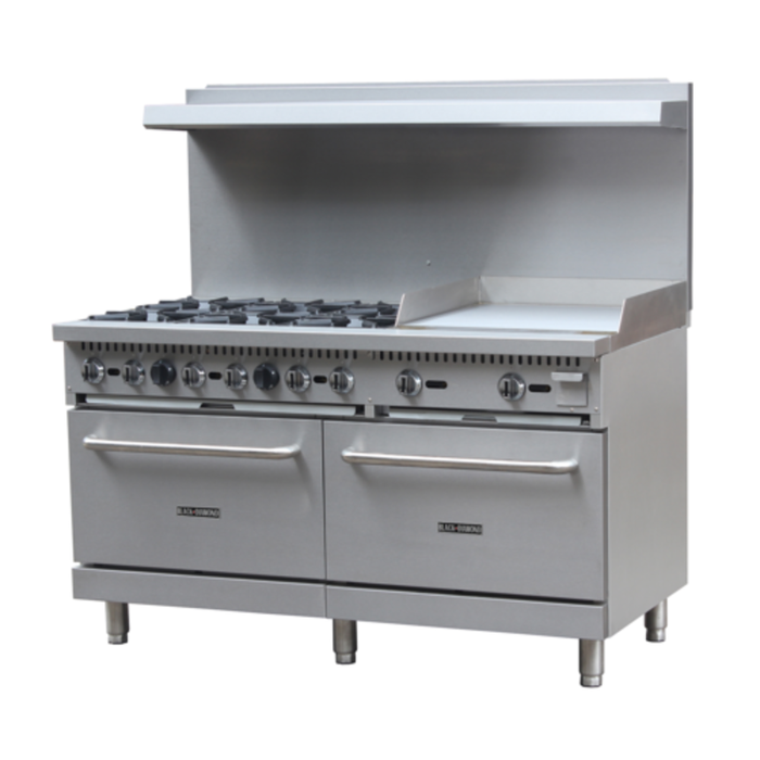 Black Diamond 60 inch gas restaurant range with griddle, 60" stainless steel commercial gas range with griddle and ovens