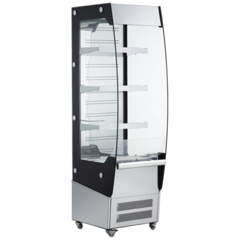 Open Air Refrigerated Merchandiser Display Featuring A Curved Glass Design And Adjustable Shelves For Easy Access