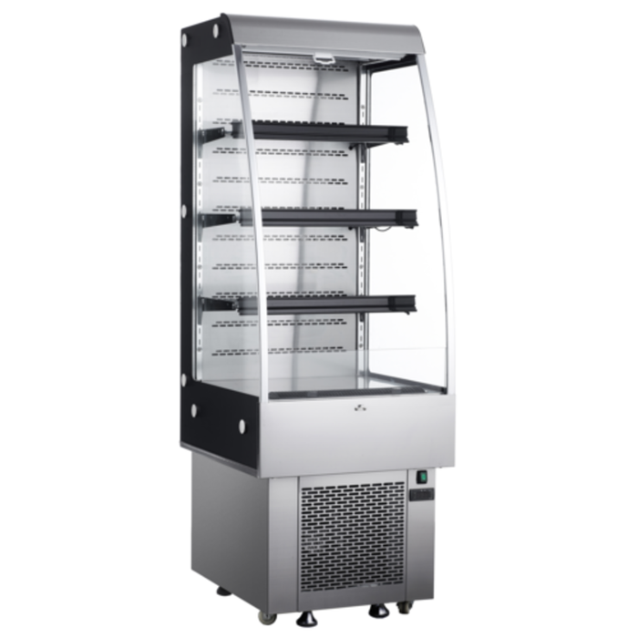 Black Diamond BDVACM-250 open refrigerated merchandiser 24-inch vertical air curtain display case with open front and adjustable shelves