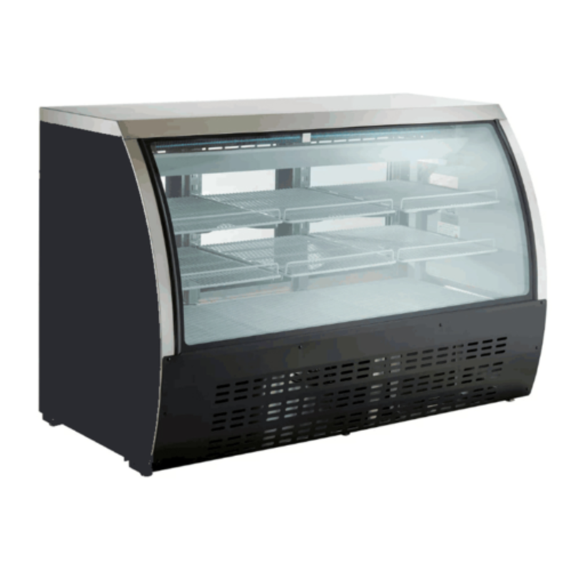 Refrigerated Deli Case With Curved Glass Front And Shelves For Displaying Meats And Cheeses