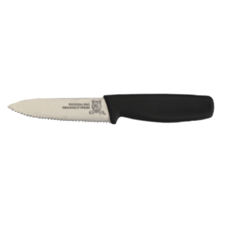 Alt Tag: Omcan 11494 Paring Knife 3.25-inch Blade for Precise Culinary Tasks with black handle, serrated stainless blade