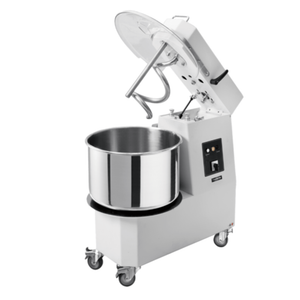 Alt Tag: TRENTO 47288 34 QT Commercial Heavy-Duty Spiral Dough Mixer with stainless steel bowl, spiral hook, and hinged safety cover