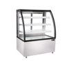 Curved Glass Refrigerated Display Case Featuring A Sleek Design And Stainless Steel Exterior For Showcasing Products.
