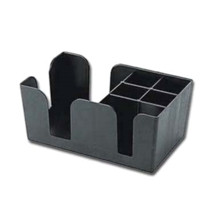 Alt Tag: BO-1270 9" x 6" Black Plastic 6-Compartment Bar Caddy organizer with six sections for straws, napkins, and bar tools
