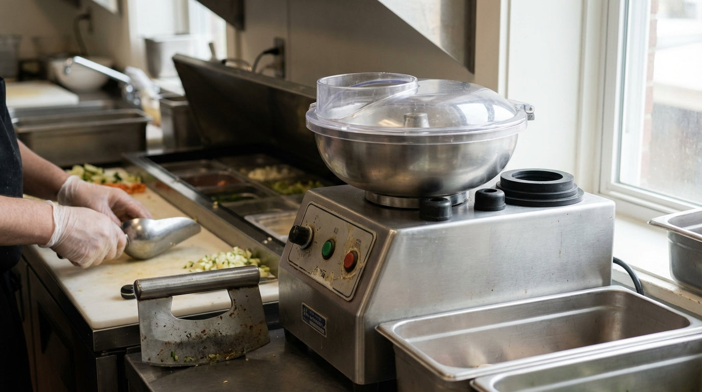 Alt Tag: Commercial kitchen prep station with cook chopping vegetables and food processor on stainless steel counter