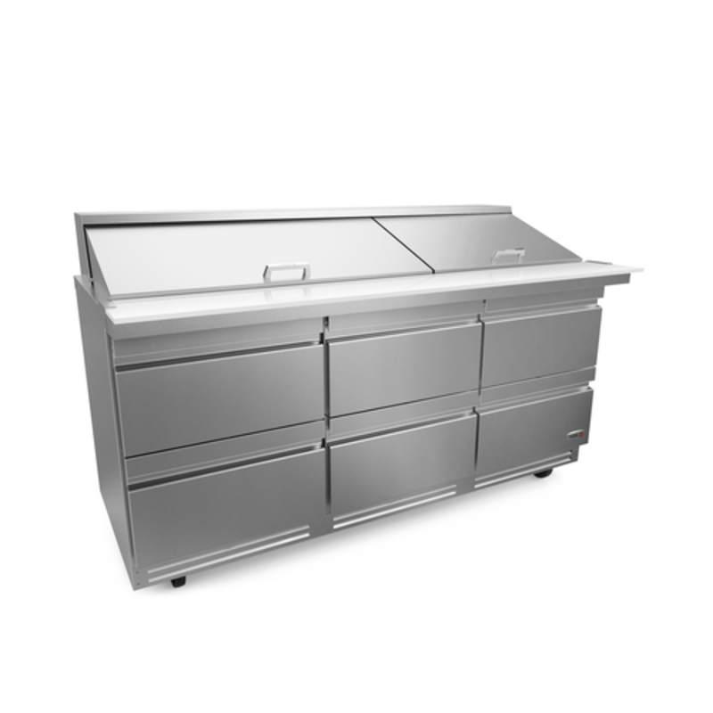 Fagor FMT-72-30-D6-N Mega Top Salad Sandwich Prep Table with stainless steel finish and multiple storage drawers.