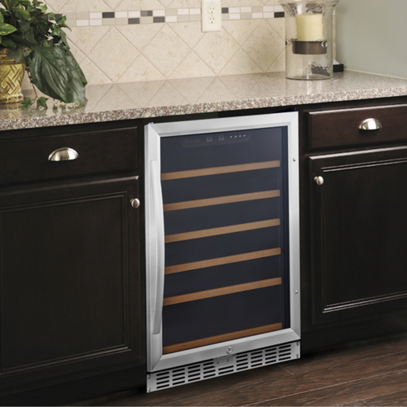 Sleek Eurodib 57 Bottle Wine Cabinet Installed Under Countertop, Showcasing Modern Design and Functionality.