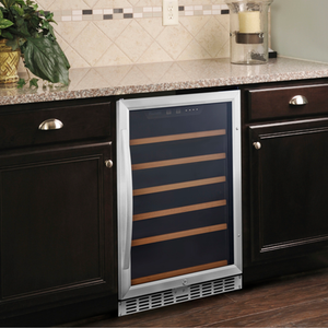 Sleek Eurodib 57 Bottle Wine Cabinet Installed Under Countertop, Showcasing Modern Design and Functionality.