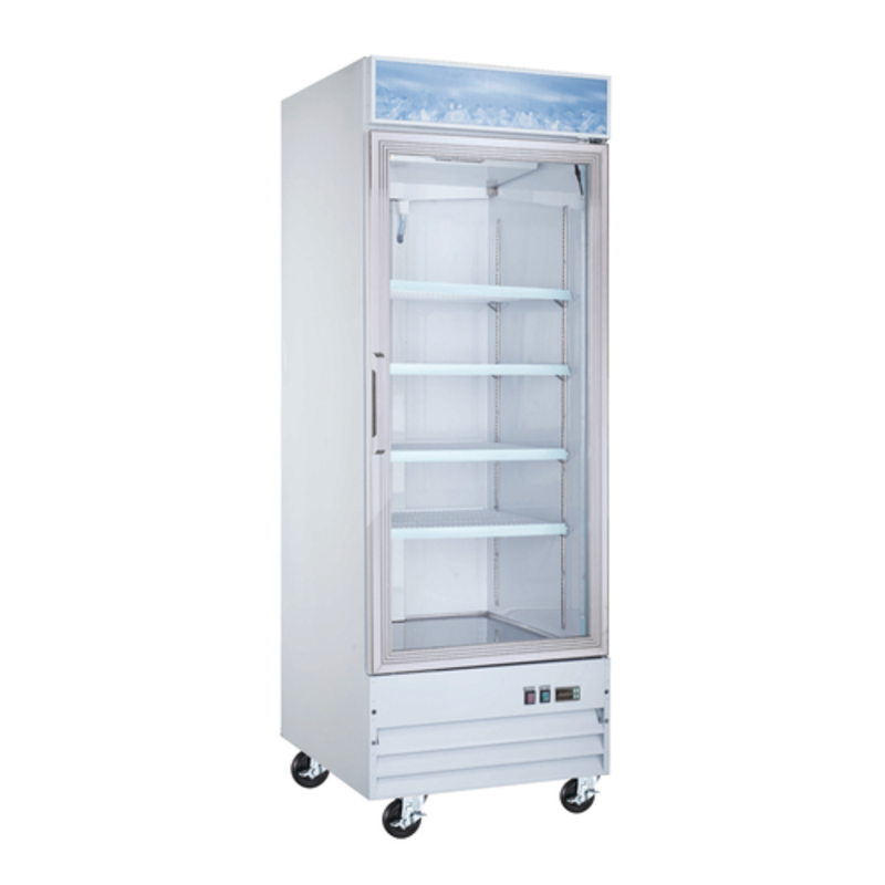 Glass Door Commercial Freezer Merchandiser With Full-View Door And Shelves For Product Display.