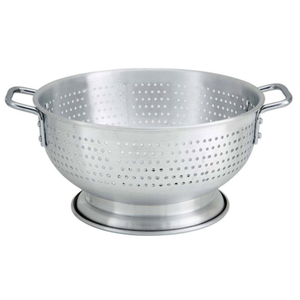 Alt Tag: Omcan 80405 16 Qt. Heavy-Duty Aluminum Colander with Handles, perforated aluminum colander bowl with side handles