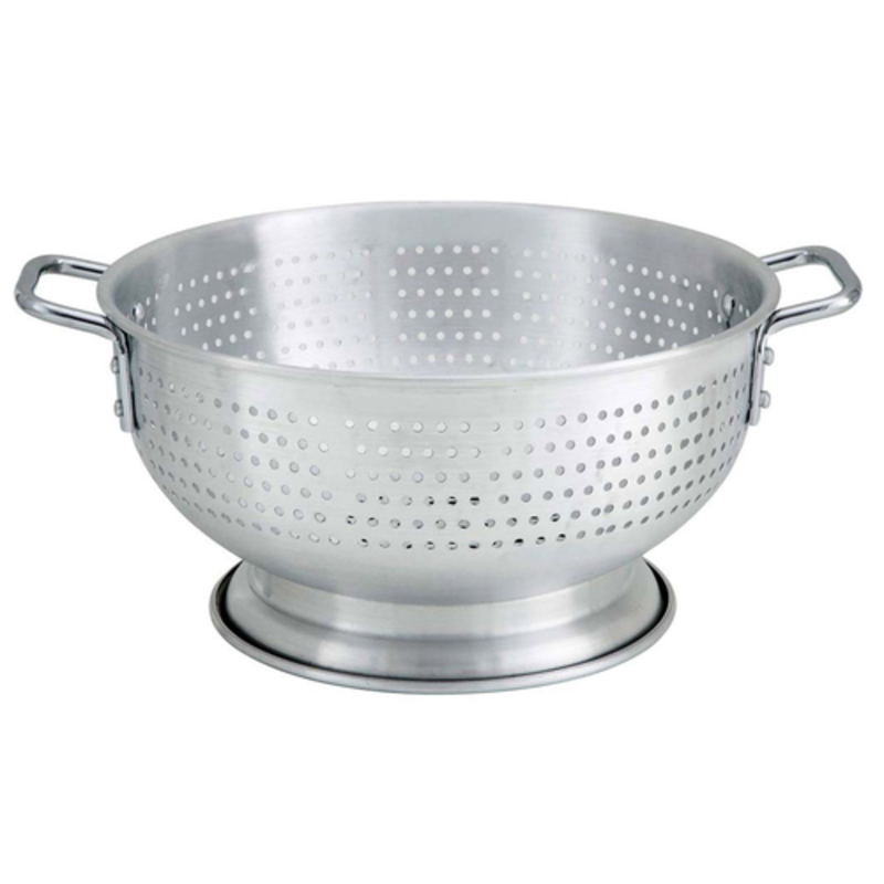 Alt Tag: Omcan 80405 16 Qt. Heavy-Duty Aluminum Colander with Handles, perforated aluminum colander bowl with side handles