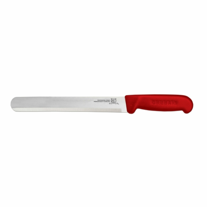 Omcan 12553 12-Inch Straight Slicer Knife with Red Polypropylene Handle, straight blade commercial kitchen slicing knife