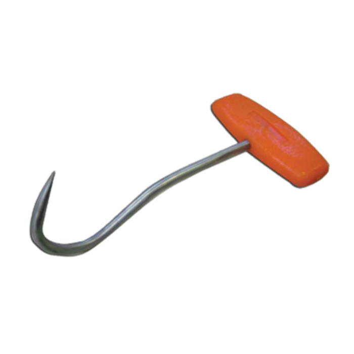 Alt Tag: Omcan 10468 Stainless Steel Butcher's Meat Boning Hook Tool with orange handle, stainless steel meat hook for butchering