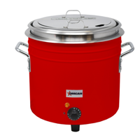 Étiquette alternative : Omcan 44426 11 qt. Red Coated Retro Soup Kettle avec couvercle en inox, poignées latérales et bouton de contrôle de température