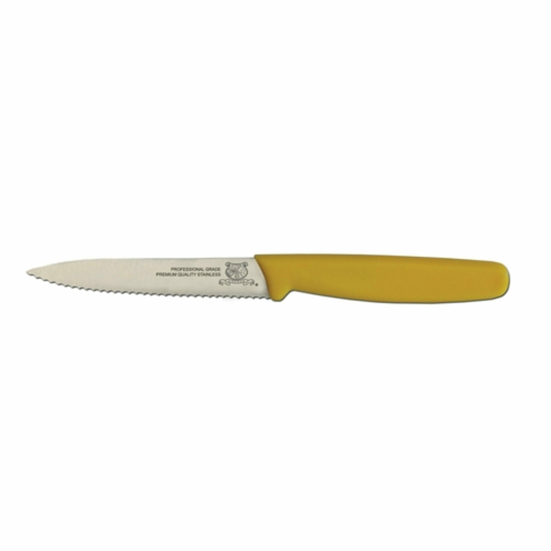 Omcan 11498 Professional 3.5-inch Blade Paring Knife for Precision Kitchen Tasks serrated stainless blade with yellow handle