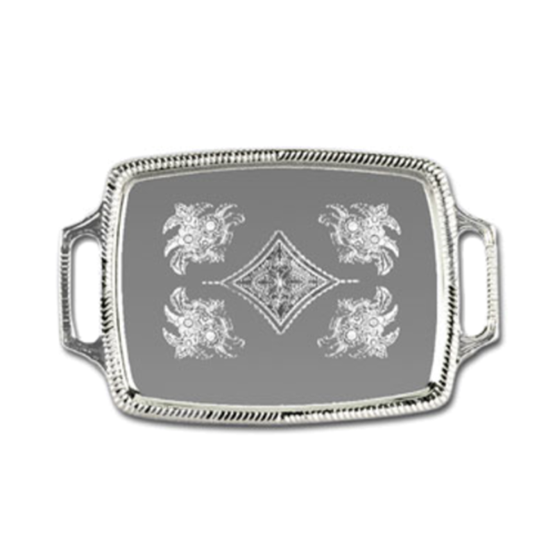 Chrome Plated Catering Tray With Decorative Design And Handles, Ideal For Serving Appetizers And Desserts.