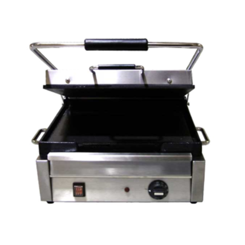 Omcan 21465 12" x 15" Electric Countertop Panini Grill With Open Lid For Cooking Sandwiches And Burgers.