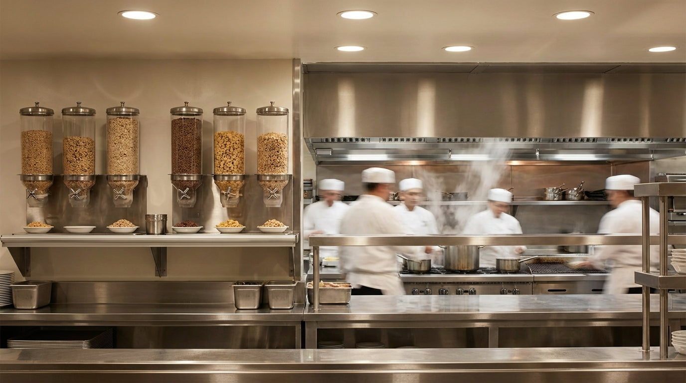 Busy commercial kitchen with chefs cooking at stainless steel range, steam rising, and wall-mounted dry ingredient dispensers