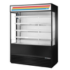 True TOAM-60GS-HC Open Air Refrigerated Merchandiser Displaying Products With Glass Sides And Shelves.