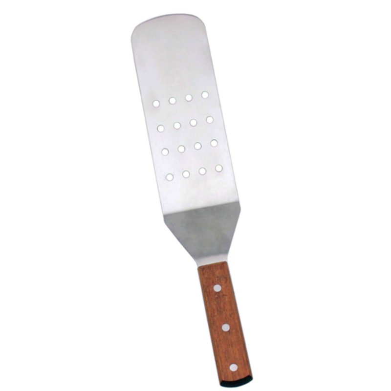 Alt Tag: Omcan 80008 15-inch Perforated Stainless Steel Commercial Kitchen Turner Utensil perforated stainless spatula with wooden handle