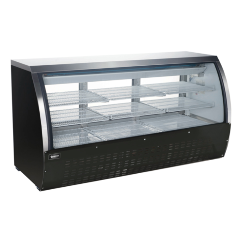 OMCAN 50078 Refrigerated Deli Showcase Display Case With Curved Glass Front And Ample Shelving For Product Visibility