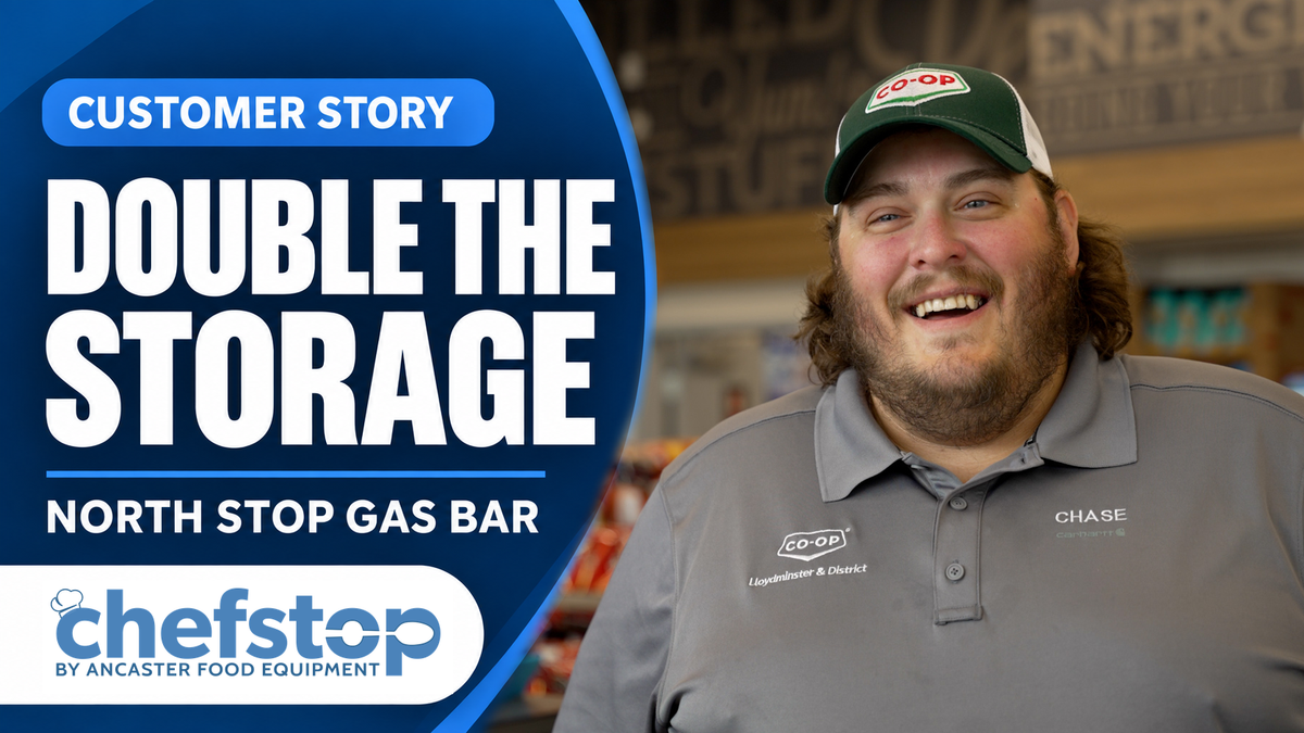 North Stop Gas Bar employee in the store beside the words “Double the Storage” and the ChefStop logo.
