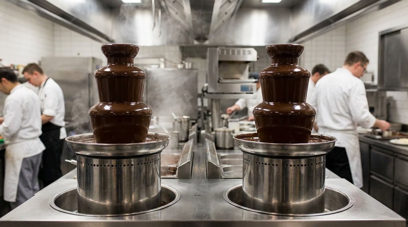 Two chocolate fountains in a commercial kitchen with chefs preparing desserts in the background