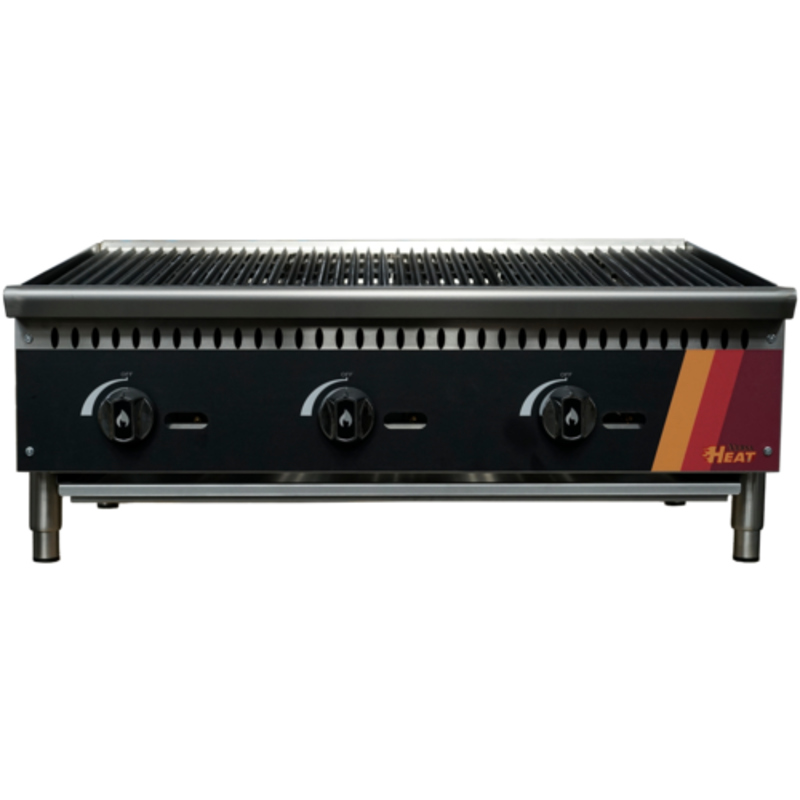 EFI HCH36-LV-N 36 Inch Lava Rock Charbroiler Front View With Three Control Knobs