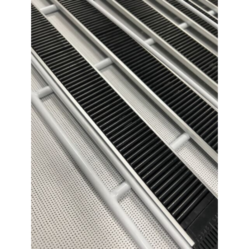 Replacement Roller Shelf For EFI Merchandiser Showing Durable Black Ridges And Silver Frame.
