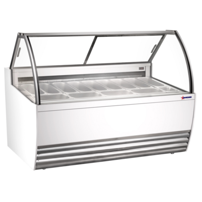 Alt Tag: Omcan 47572 69.4" White Gelato Dipping Display Showcase Freezer with curved glass front and dipping pan display