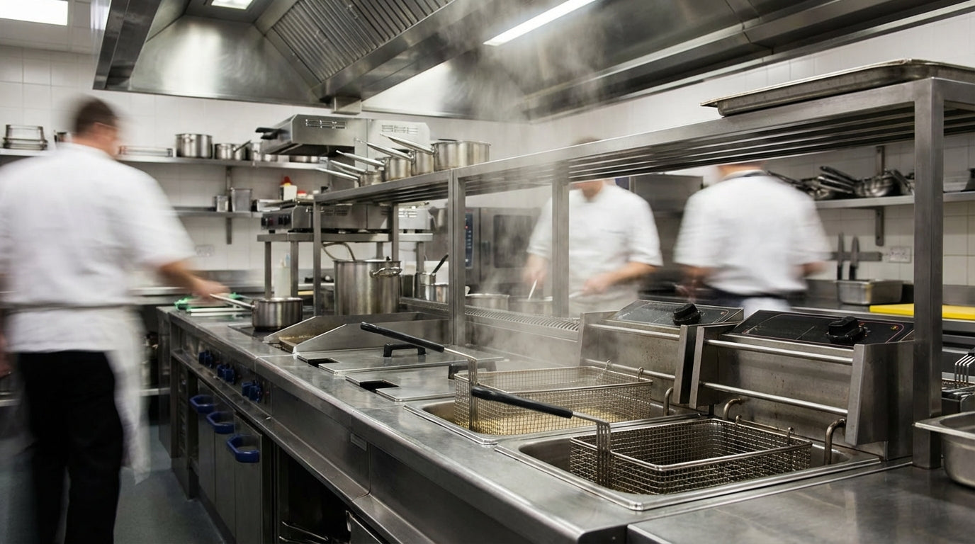 Alt Tag: Busy commercial kitchen with chefs cooking on stainless steel stoves under ventilation hoods