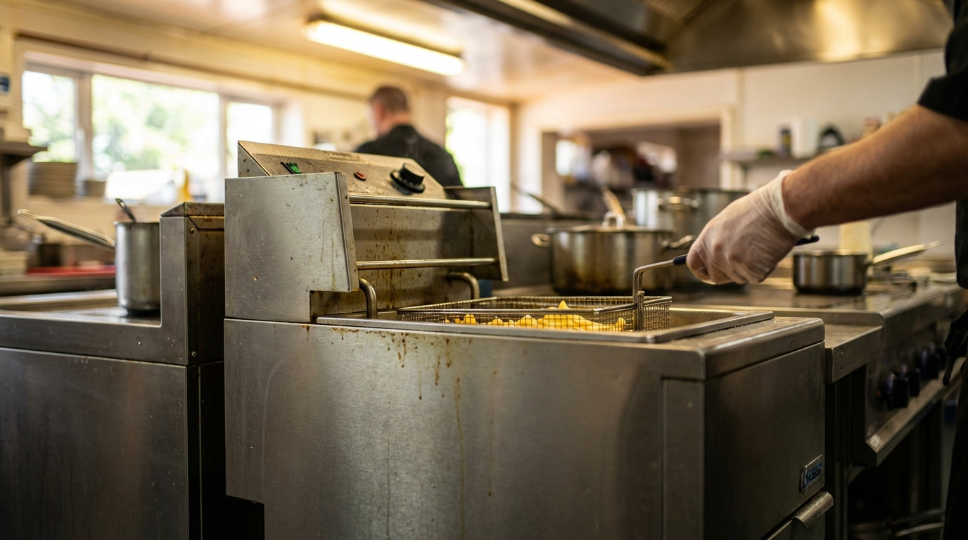 Commercial kitchen deep fryer with gloved chef hand frying food in stainless steel restaurant prep line